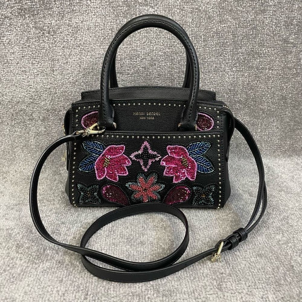 NWOT Henri Bendell Black Leather Floral Embroidered Carryall Satchel Purse Bag